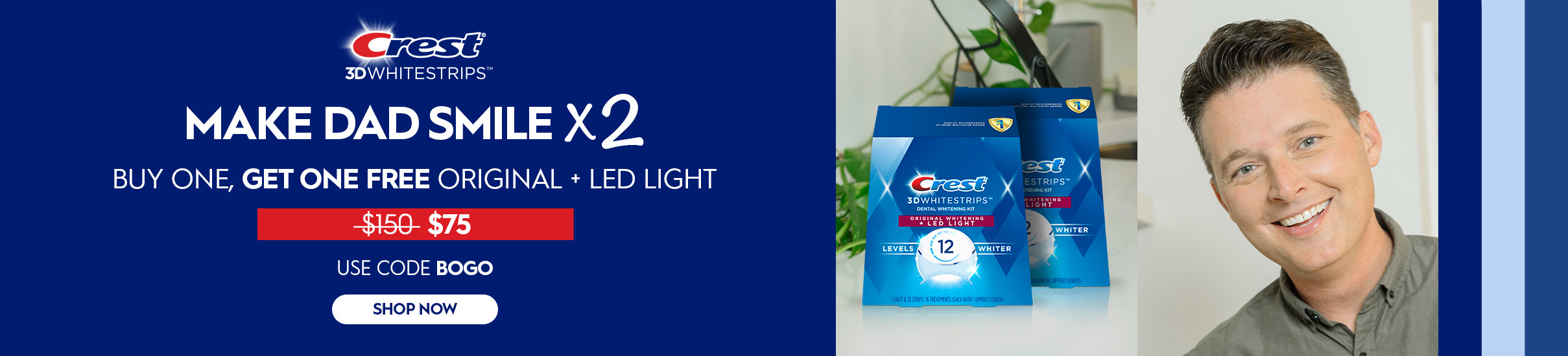 Man smiles & holds a Glam White strip. Next to him is 2 Original + LED Light kits. Get 2 packs for the price of 1 with code BOGO. $150 value now $75.
