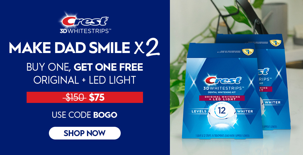 Man smiles & holds a Glam White strip. Next to him is 2 Original + LED Light kits. Get 2 packs for the price of 1 with code BOGO. $150 value now $75.
