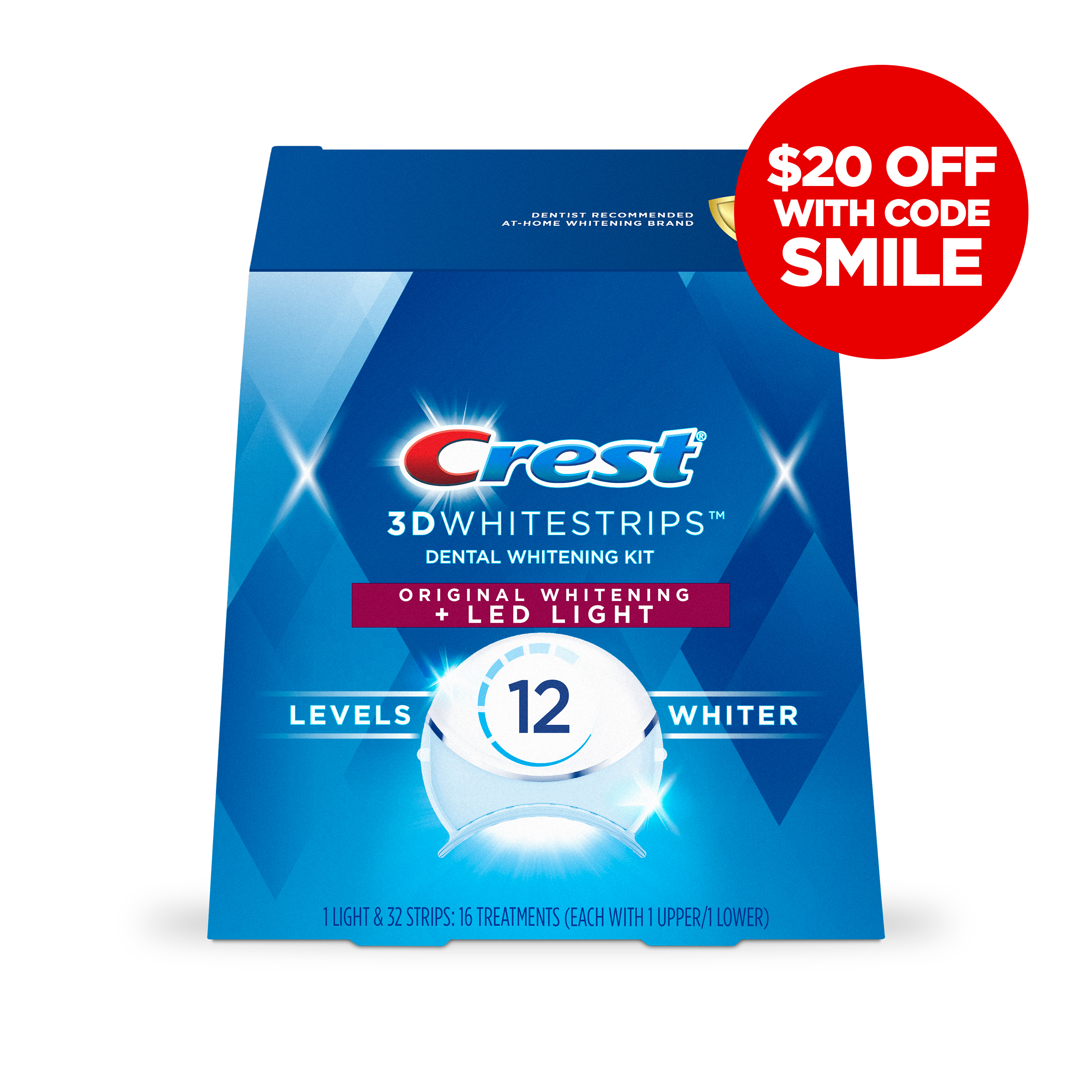 2 Crest 3DWhitestrips Original + LED Light packs - each include 16 treatments or 32 total strips + a LED Light. Use code BOGO to save!
